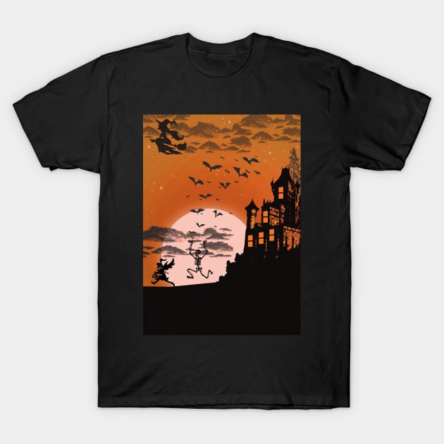 Orange Halloween Silhouette Illustration T-Shirt by saradaboru